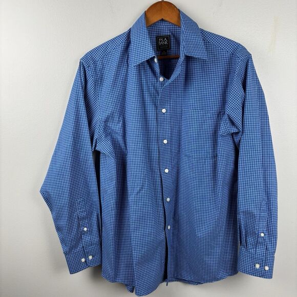 Jos A Banks Men Dress Shirt Medium Blue check Long Sleeve Traveler Cotton - Picture 2 of 7